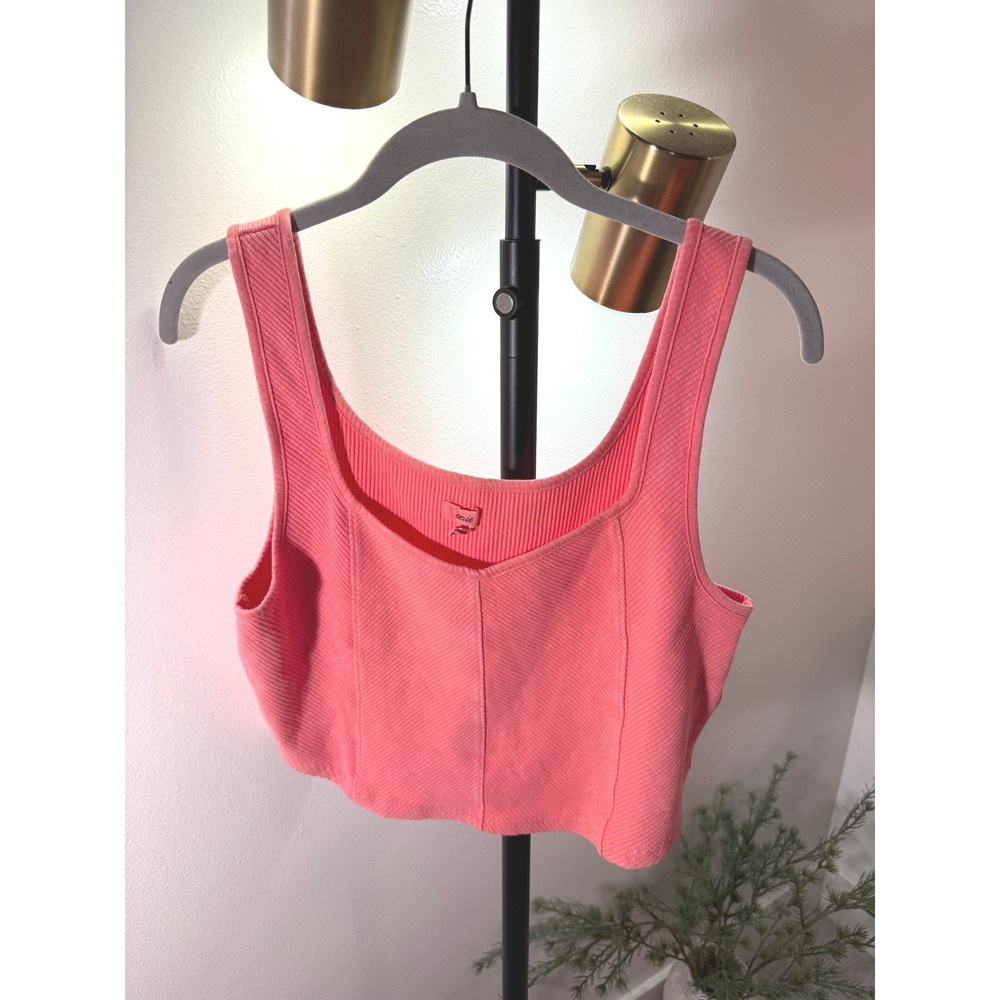Aerie Womens Coral Pink Ribbed Henley Tank Top Crop Scoop Neck XL H5F35BG
